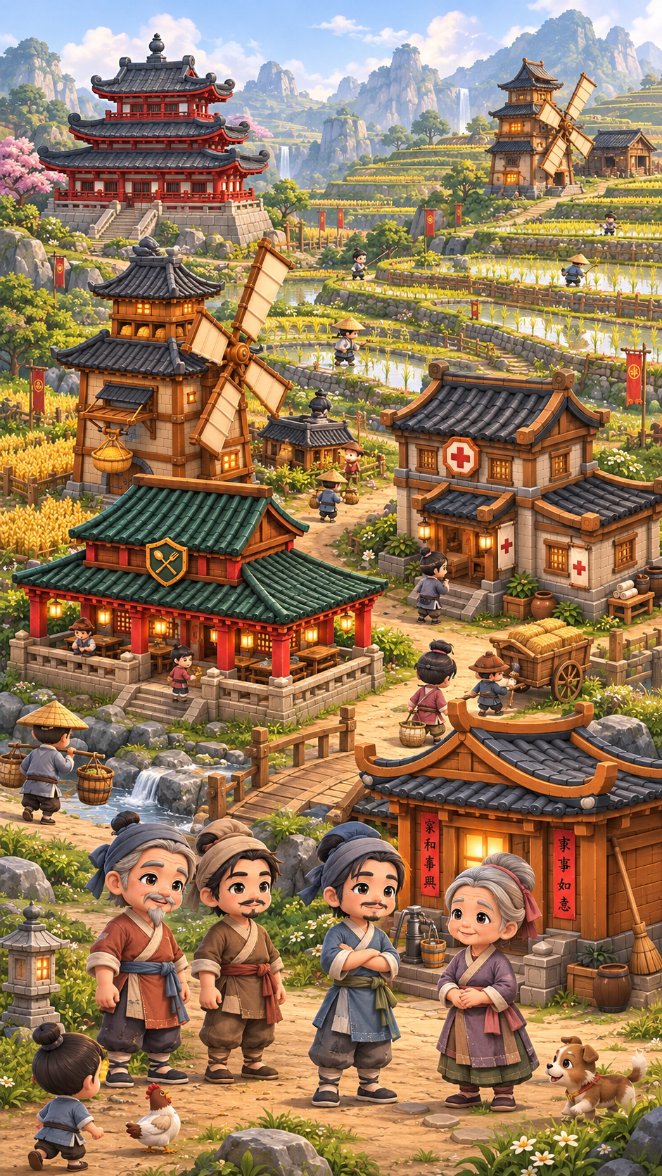 Xin's Siege settlement — imperial village with windmills, rice terraces, and villagers